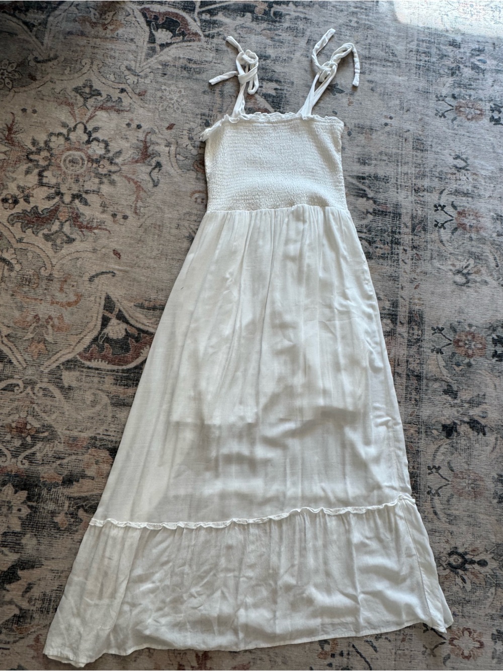 Women’s White Smocked Bodice Maxi Dress with Tie Straps